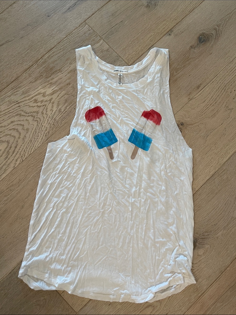 PINK Victoria's Secret White Tank with Red & Blue Popsicle “Chill Babe”Print